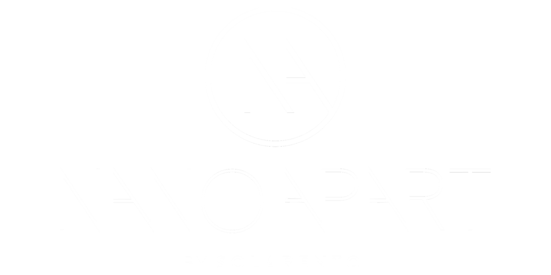 Białe logo NanoApart obraz z kilkoma jasnoszarymi punkcikami i liniami w pobliżu środka.