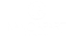 Białe logo NanoApart obraz z kilkoma jasnoszarymi punkcikami i liniami w pobliżu środka.