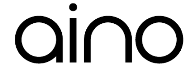 Musta pienillä kirjaimilla varustettu ”aino”-logo valkoisella taustalla