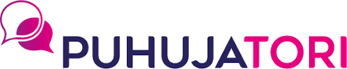Violetti ja pinkki PUHUJATORI-logo ja puhekuplakuvake valkoisella taustalla