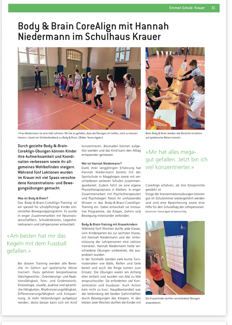 Newsletterseite über Body & Brain CoreAlign mit Fotos von Menschen, die in einer Schulturnhalle trainieren.