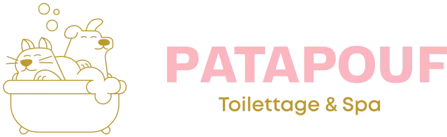 Logo pour PATAPOUF Toiletteage & Spa représentant un chat dans une baignoire, dans les tons rose et beige.