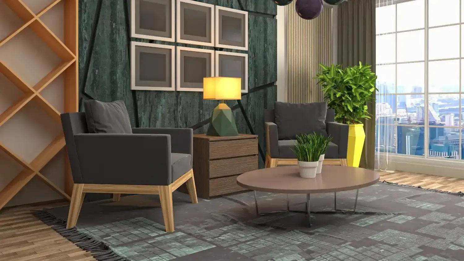 Un salón moderno con dos sillones grises, una mesa de centro de madera, una lámpara pequeña.