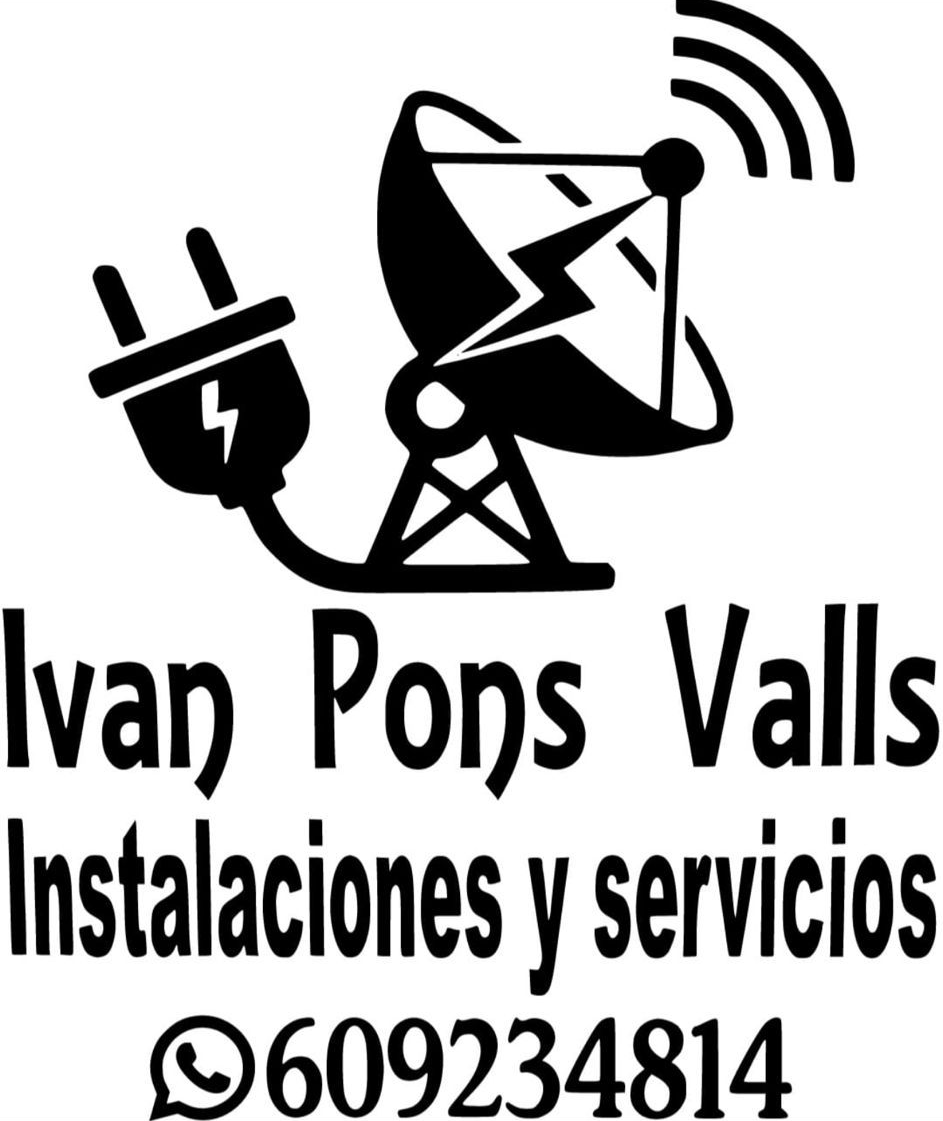 Logotipo: enchufe, antena parab&oacute;lica y n&uacute;mero de tel&eacute;fono de Ivan Pons Valls: instalaciones y servicios.