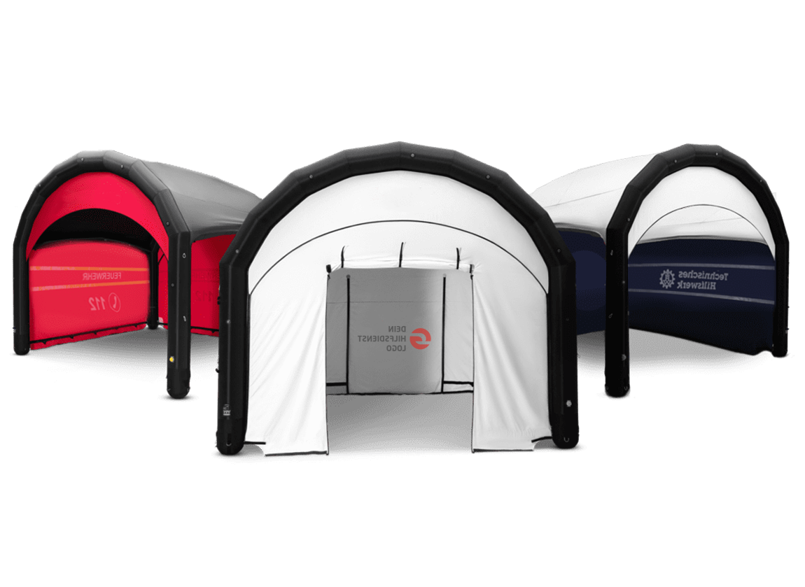 Three pop-up display tents in red, white, and navy on a white background