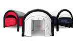 Three dome-style portable tents in red, white, and navy with open front entrances
