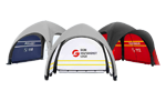 Three dome tents in blue, gray, and red, shown side by side on a white background.
