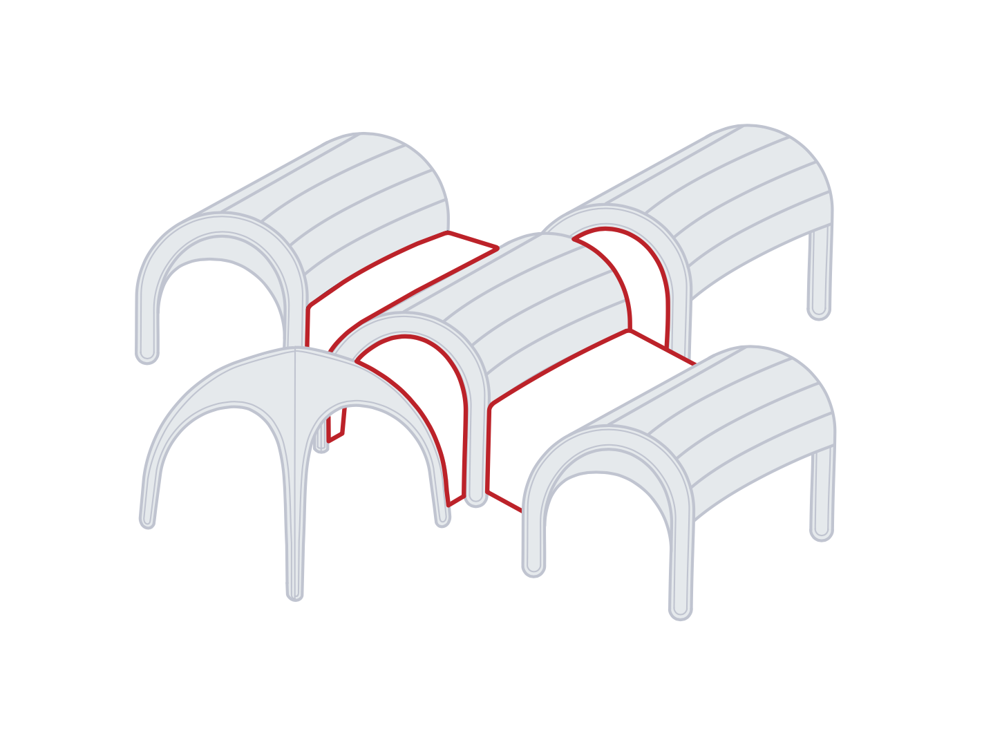 Three white arched modular shelters linked by red connectors, shown in a simple 3D diagram.