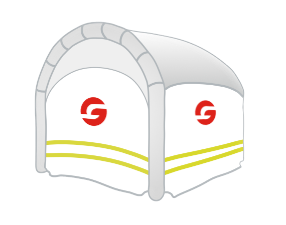 White inflatable tent with gray arch frame, red logo, and yellow stripes on the sides.