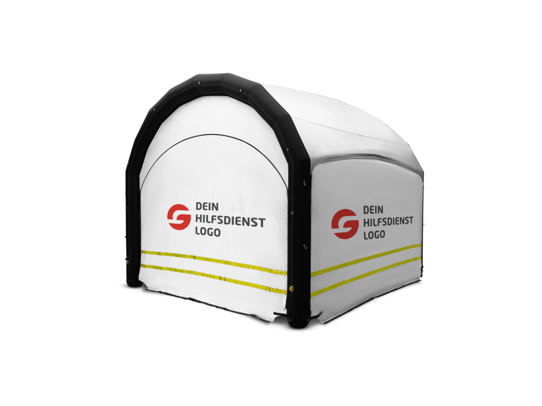 White portable shelter with black frame and red logo on the side