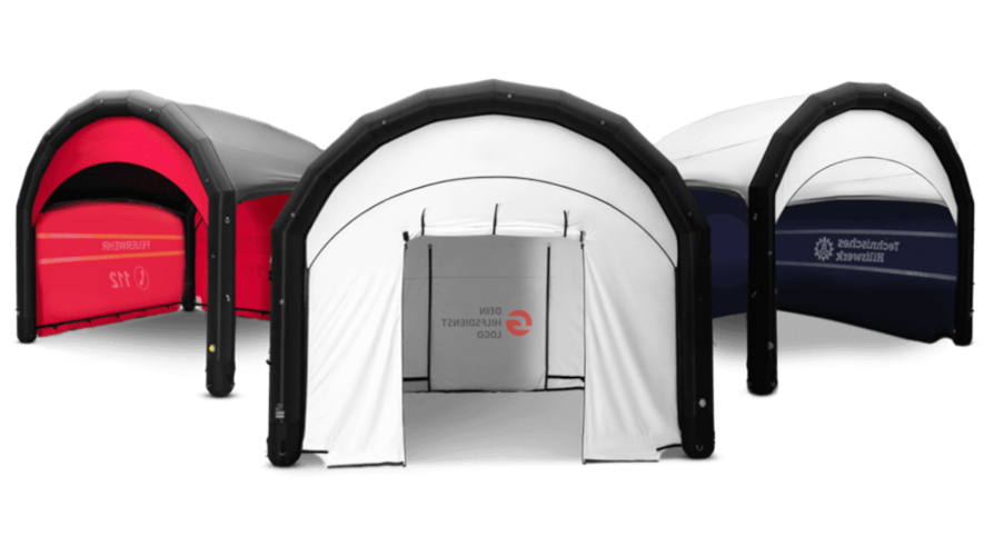 Three inflatable dome tents in red, white, and navy on a white background.