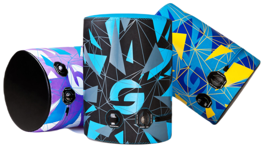 Three geometric-patterned smartphone cases in blue, black, purple, and yellow