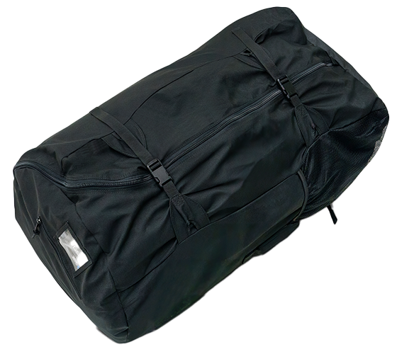 Black hiking backpack shown front and side, with large gray logo and patterned side pockets