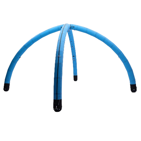 Red and black arched tent poles with black rubber feet on a white background