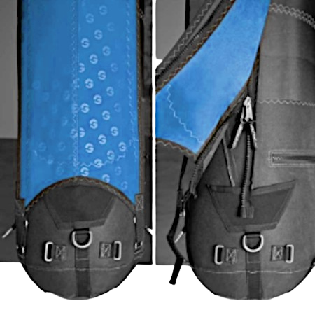 Close-up of two blue-and-black backpack side panels with pockets, zippers, and straps
