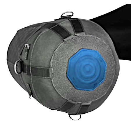 Gray spherical device with straps and a red circular center on a white background