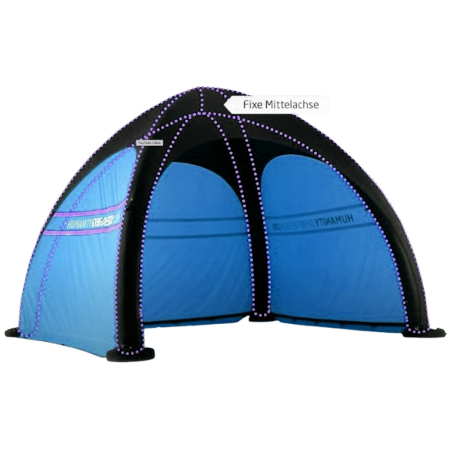Blue inflatable dome tent with black arching frame and open entrance, labeled “Fixe Mittelachse”