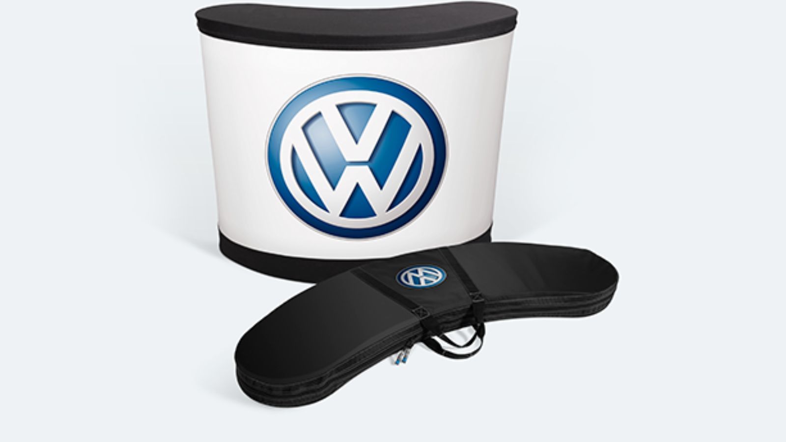 Volkswagen-branded white container with black lid and matching black carrying case