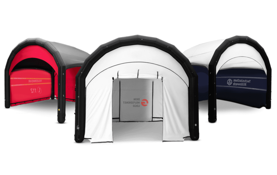 Three inflatable outdoor tents in red, white, and blue, arranged side by side