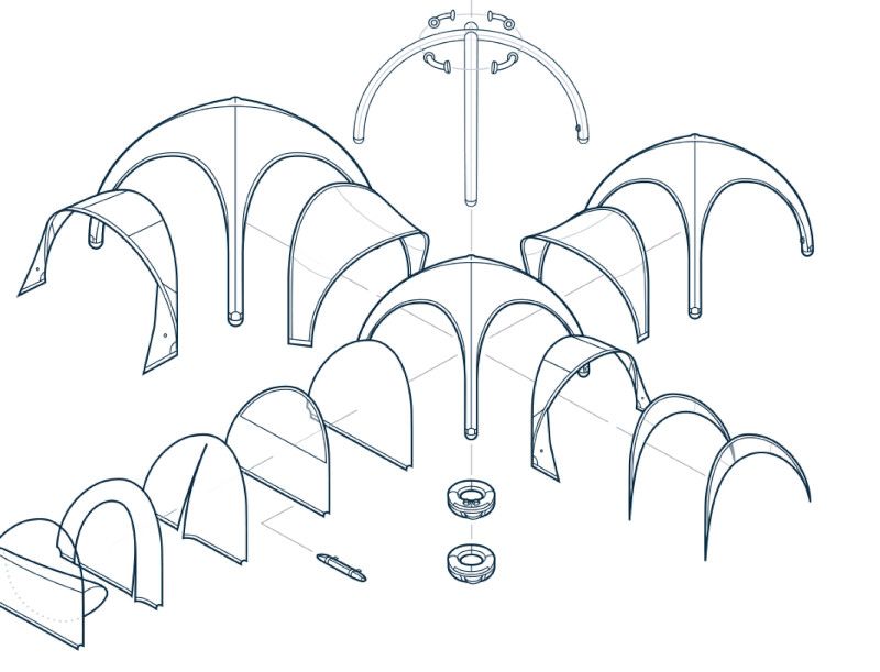 3D schematic of white arched tunnel modules with red outlines, arranged in a cluster on a white background