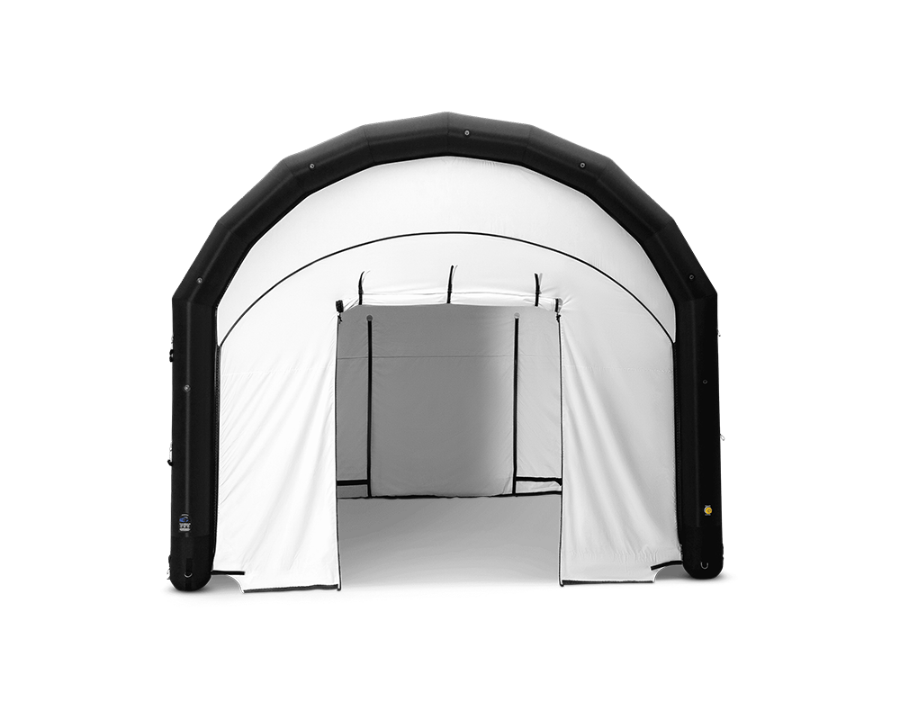 Inflatable black-and-white portable tent with open front and gray interior panels