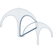 Two translucent white arched structures connected by a black cord over a white background