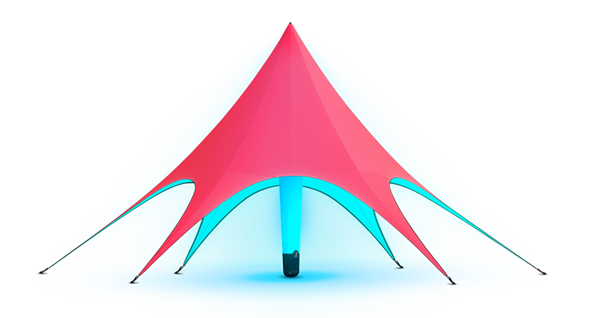 Pink and cyan camping tent with a central pole, shown on a white background