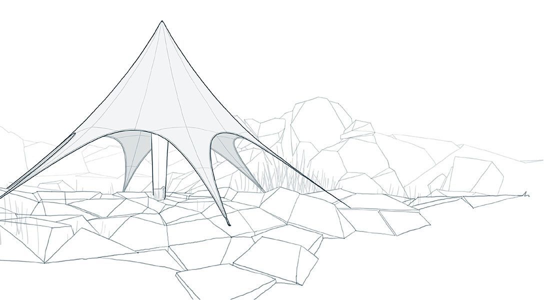 Sketch of a modern tent-like canopy structure with flowing fabric forms in a landscape setting