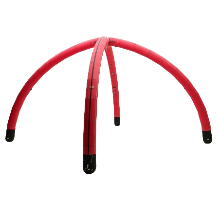 Red and black arched tent poles with black rubber feet on a white background