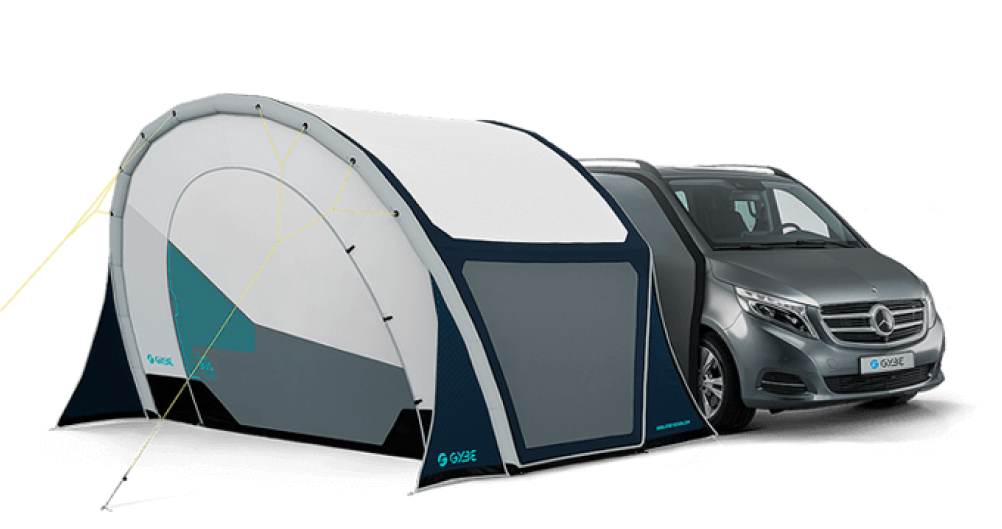 Gray car connected to a large gray-and-teal drive-away tent on a white background
