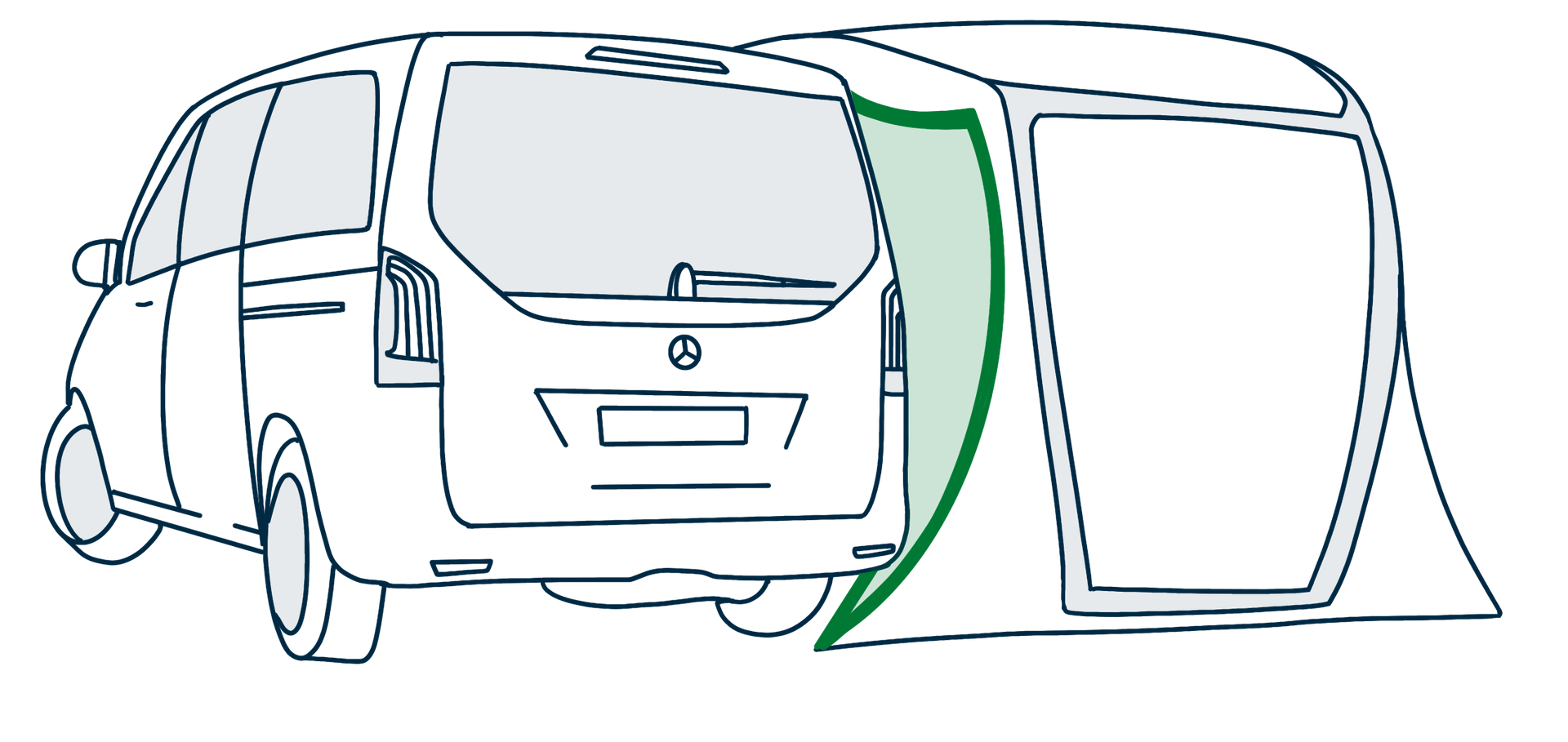 Diagram of a van backing out of a garage or parking space, shown with a green clearance guide line