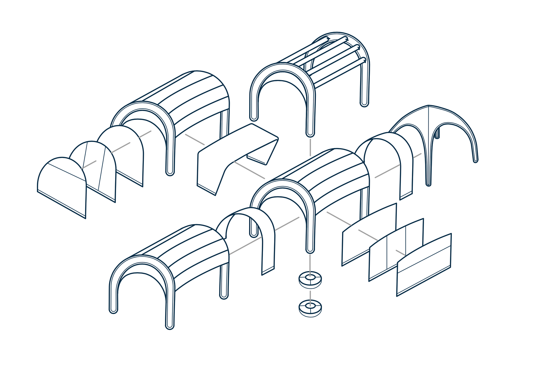 Exploded view of modular arched metal structures and parts, shown in black-and-white line art