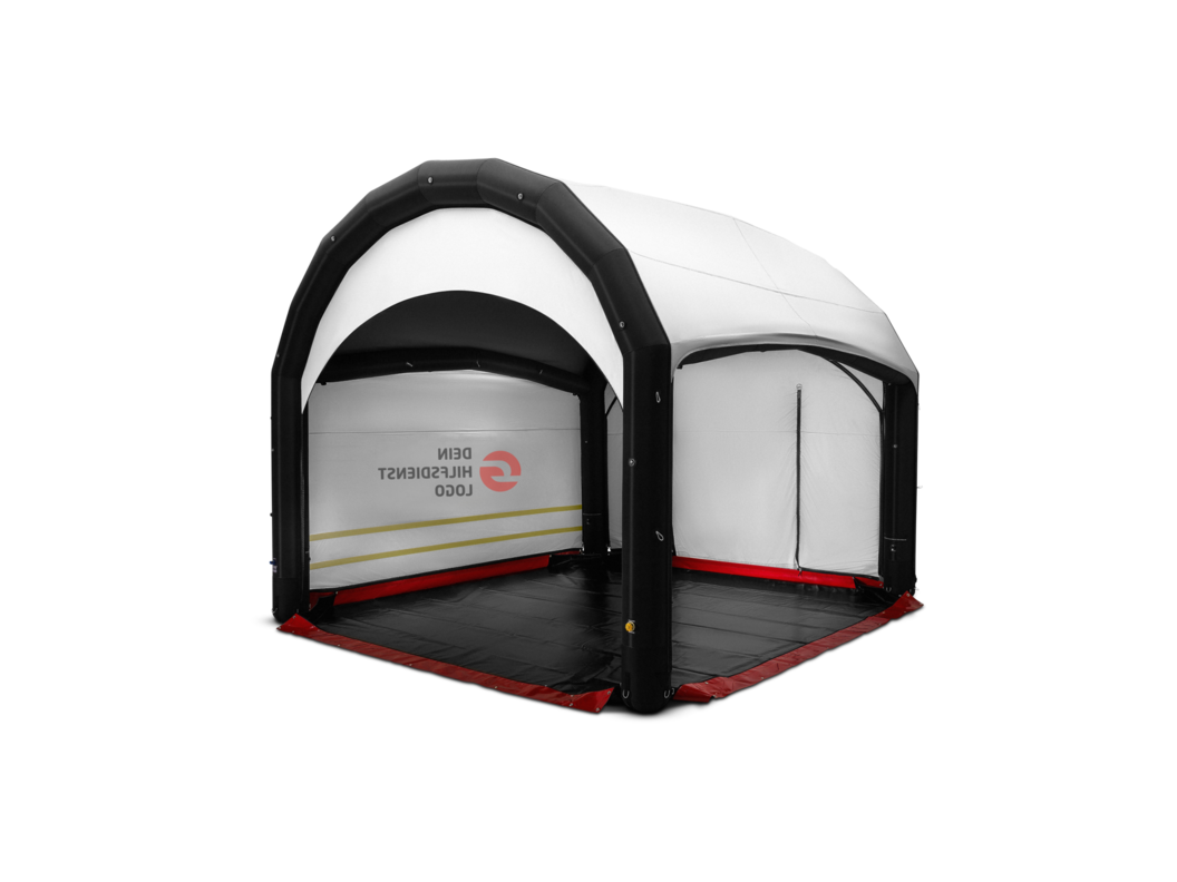Portable black and white inflatable shelter with open front entrance and red base trim