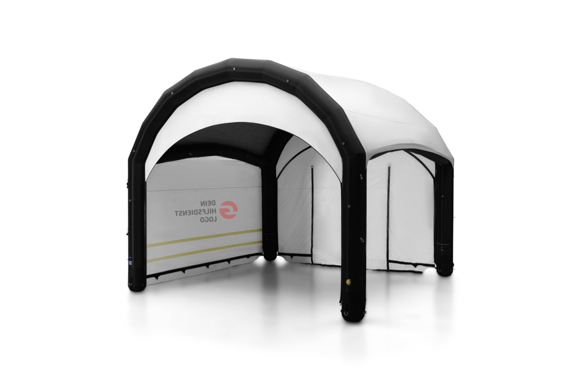 Black-and-white inflatable shelter tent with arched roof and open side panels