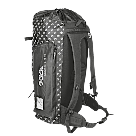 Black and gray hiking backpack with white polka dots and padded shoulder straps