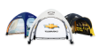 Assorted colorful pop-up tents displayed side by side on a white background