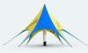 Blue-and-yellow camping tent on a white background