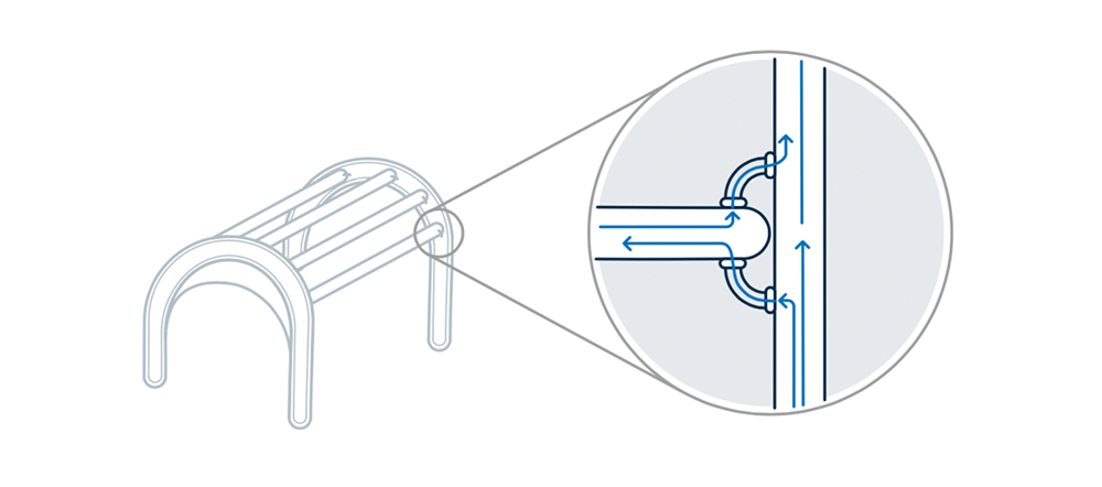 Diagram of a curved tube with a magnified cross-section showing blue airflow through a valve-like opening