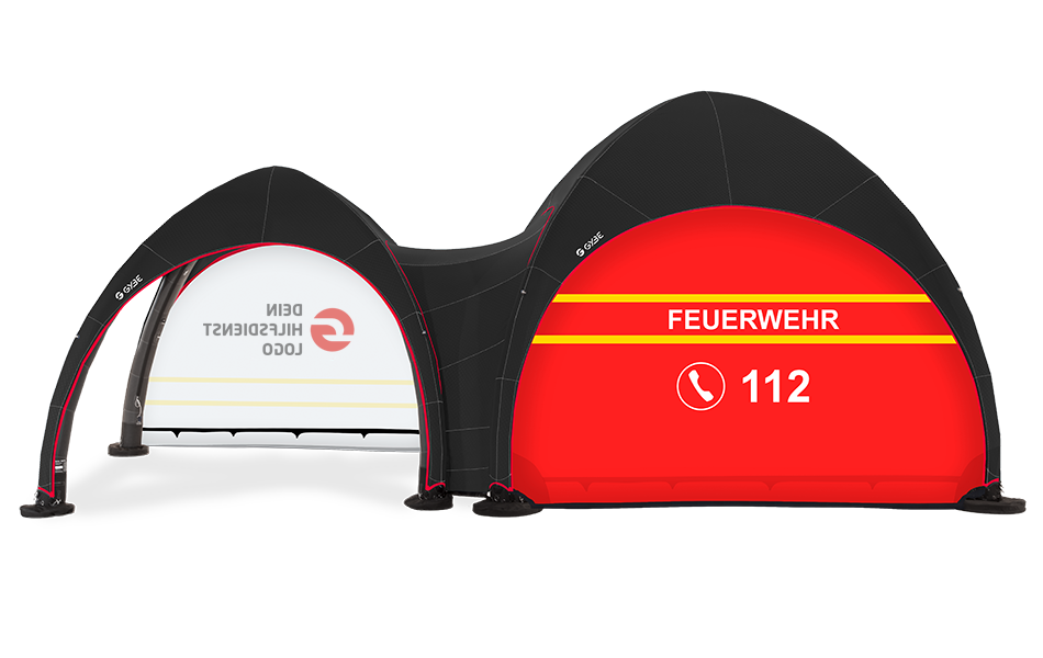 Two black-and-red inflatable fire station shelters, one marked “FEUERWEHR 112”
