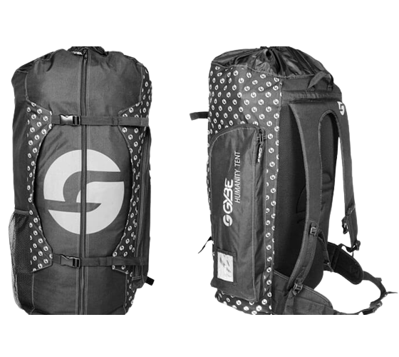Black and gray backpack shown front and side, with large “G” logo and patterned side panels