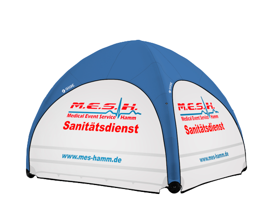 Blue-and-white pop-up tent with M.E.S.H. Sanitärdienst branding and website text