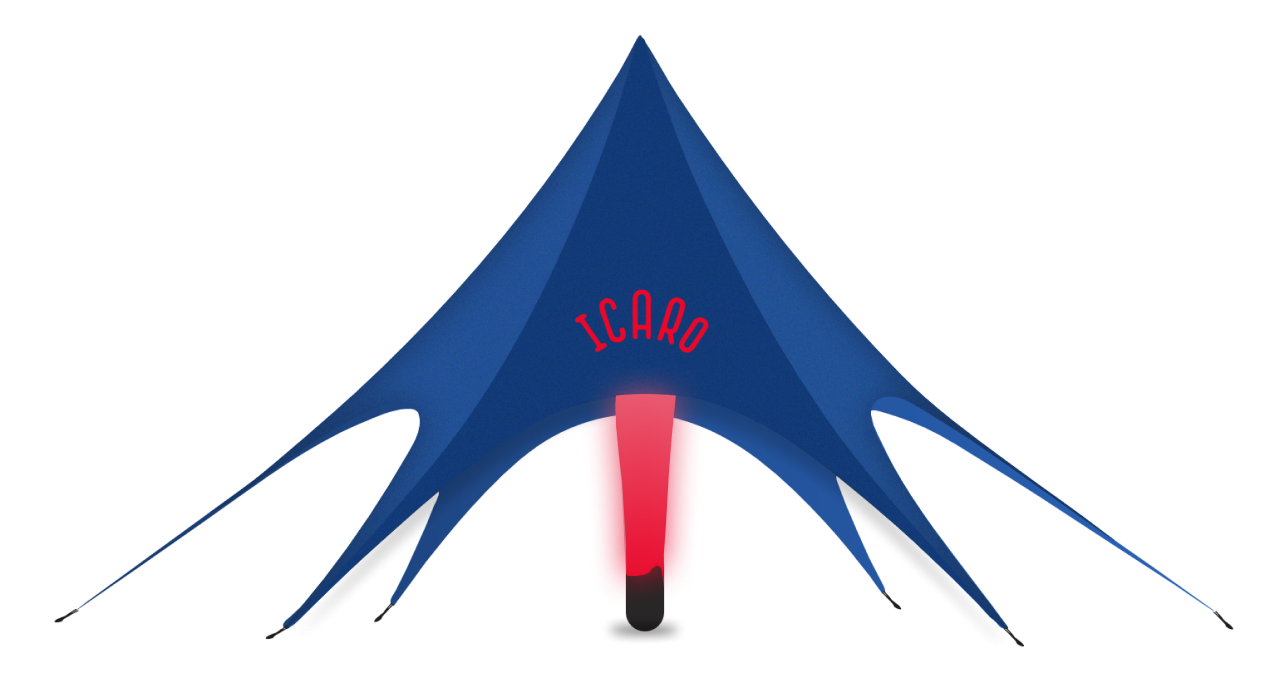 Blue tent-like logo with red “ICARO” text and a red center shape on a white background