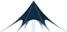 Dark blue abstract logo resembling a stylized tent or mountain peak on a white background