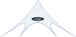 Minimal blue-and-white icon of a person raising both arms in a triangular pose
