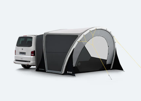 White van with a gray-and-black camper tent attached, shown in profile on a plain background