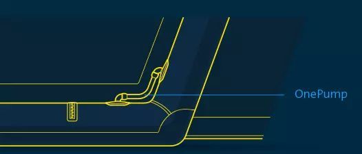 Blue technical diagram of a pipe fitting with yellow lines and the label “OnePump”