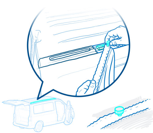 Hands using a measuring tape on a vehicle door panel, with a small truck and measuring tape icons below.