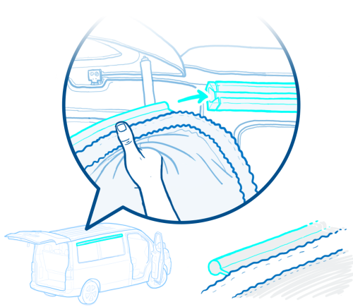 Close-up of a hand pulling a fabric strap in a car, with a truck and strap illustration below.