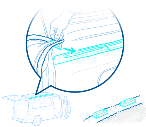 Blue diagram of a vehicle charging plug connecting to a car’s side port, with arrows showing insertion.
