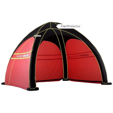 Red and black inflatable dome tent with yellow trim and arched doorway opening